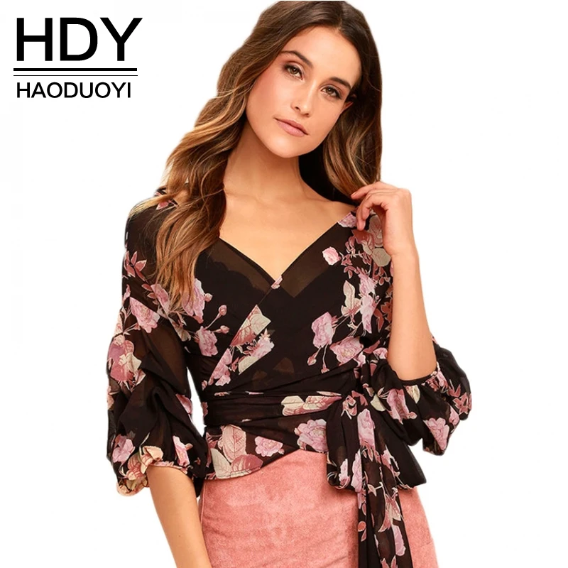 Achat HDY Haoduoyi 2017 Imprimé floral Femmes Wrap En Mousseline de Soie Blouses Chemise Cravate Taille Peplum Crop Tops Lanterne Manches Chemises Dames Tops