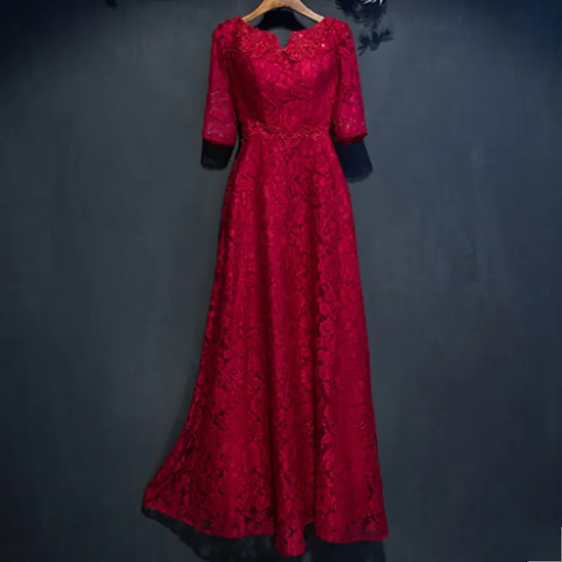 Дешевые Длинные Line Вечерние Платья Красное вино Кружева Половина Рукава Невесты