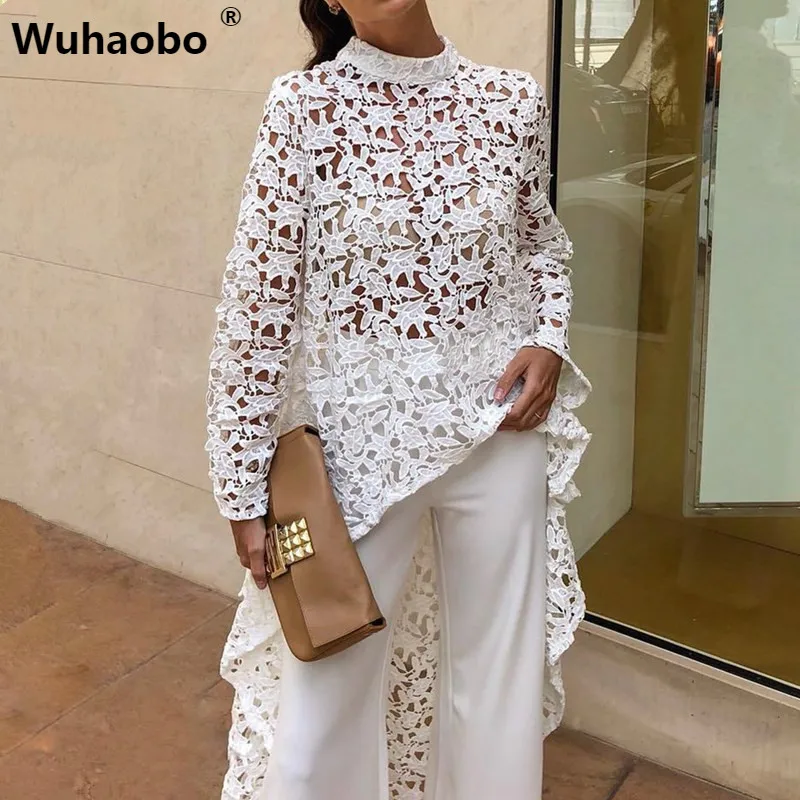 

Wuhaobo Irregular Lace Dress The Women Long Sleeve Casual O Neck Spring Tunic Streetwear Female Vestidos Summer Dresses