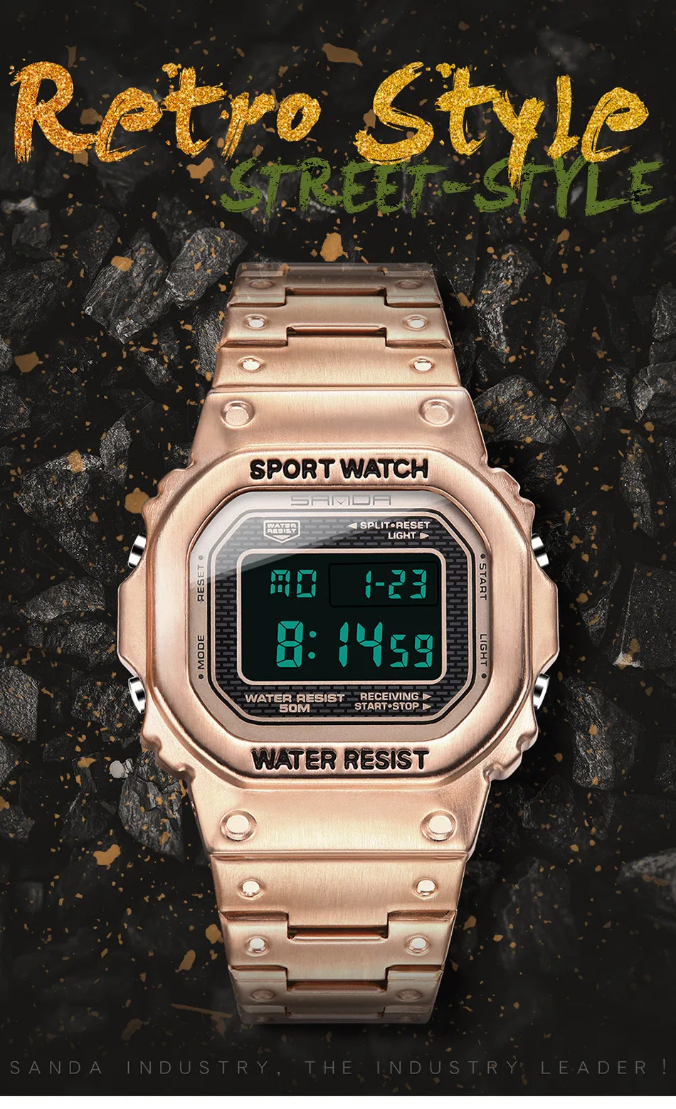 SANDA 50 м полностью стальные Цифровые мужские s часы мужские водонепроницаемые спортивные часы из нержавеющей стали наручные часы с будильником reloj deportivo hombre