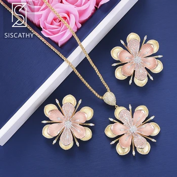 

SisCathy 2PCS Luxury Flower Cubic Zirconia Necklace Stud Earrings Bridal Wedding Jewelry Set acero inoxidable joyeria mujer