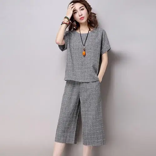 

Summer Plaid tops + pants 2 piece set women loose two piece set Office Suit Set womens tracksuit Plus Size L-5XL DF345