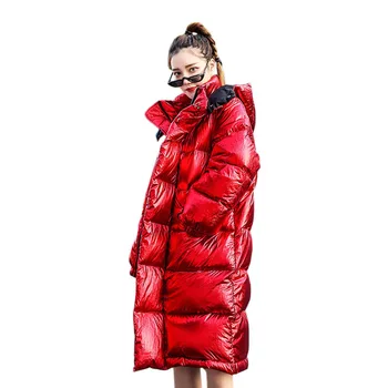 

2019 Winter Down Padded Parka Women Long Hooded Thick Warm Glossy Metal Red Outwear Street Style Plus Size Women's Jackets Coats