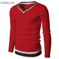 Брендовая футболка для мужчин 2016 новое поступление с длинным рукавом Slim Fit V образным вырезом полосатая футболка для мужчин Модная Homme - изображение