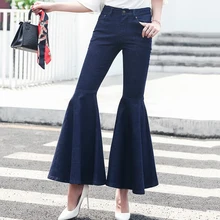 Летние винтажные синие джинсовые расклешенные брюки женские брюки средней талии полной длины брюки повседневные деним, панталоны уличная женская одежда