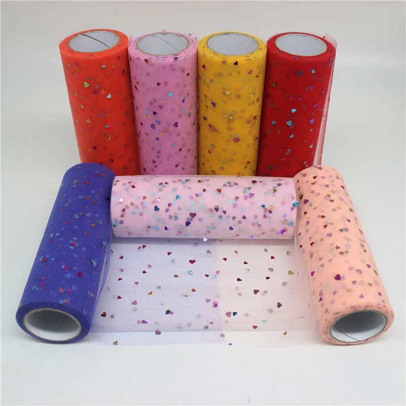 Блестящая Лазерная пачка с сердечками 10 ярдов 15 см|sequin tulle roll|sequin tulletulle rolls |