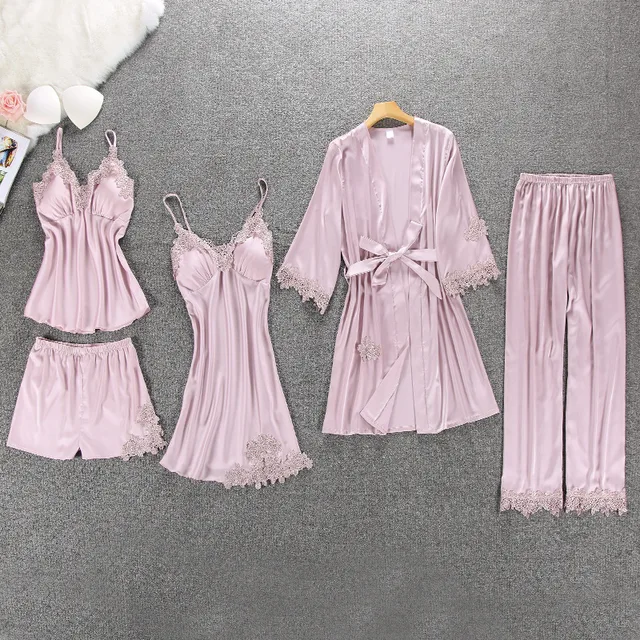 1 Set 5pcs Winter Female Sexy Silk Robe Tops Shorts Pajamas for Women Long Sleeve Robes Set Padded Camisole Lace Nightwear 2018