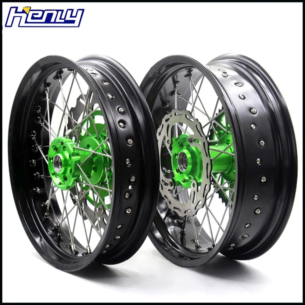 3,5*17 ''/4,25*17'' супермото колеса обода набор для Kawasaki KX125 KX250 2006-2007 Supermotard зеленый ступица звездочки диски мотоцикл