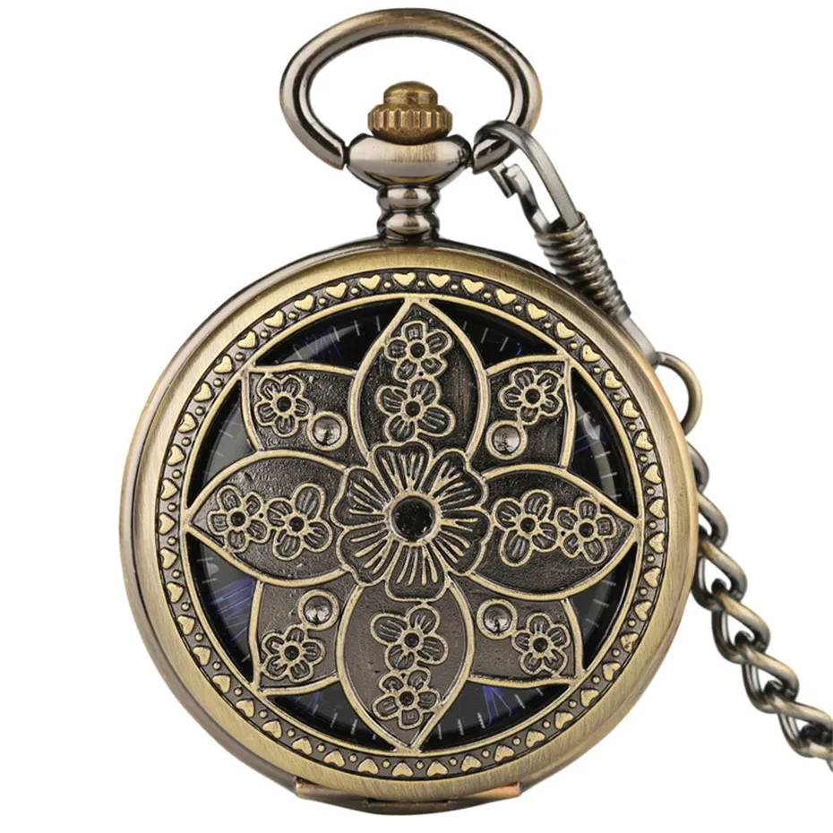  Vintage Lotus Flower Pocket Watch Women Bronze Mechanical Hand-winding Watch Roman Numeral Pendant Hollow Clock Men Gift (2)