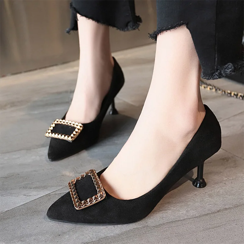

Ol Office Lady Shoes Pointed Toe High Heels Square Metal Pumps Faux Suede Women's Shoes Large Size Dress Shoes Thick Heels 7308