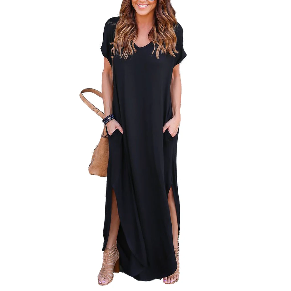 

FangNymph Boho Beach Dresses Split Short Sleeve Casual Floor Maxi Sundress Summer Large Bottom Hem Evening Party Cocktail