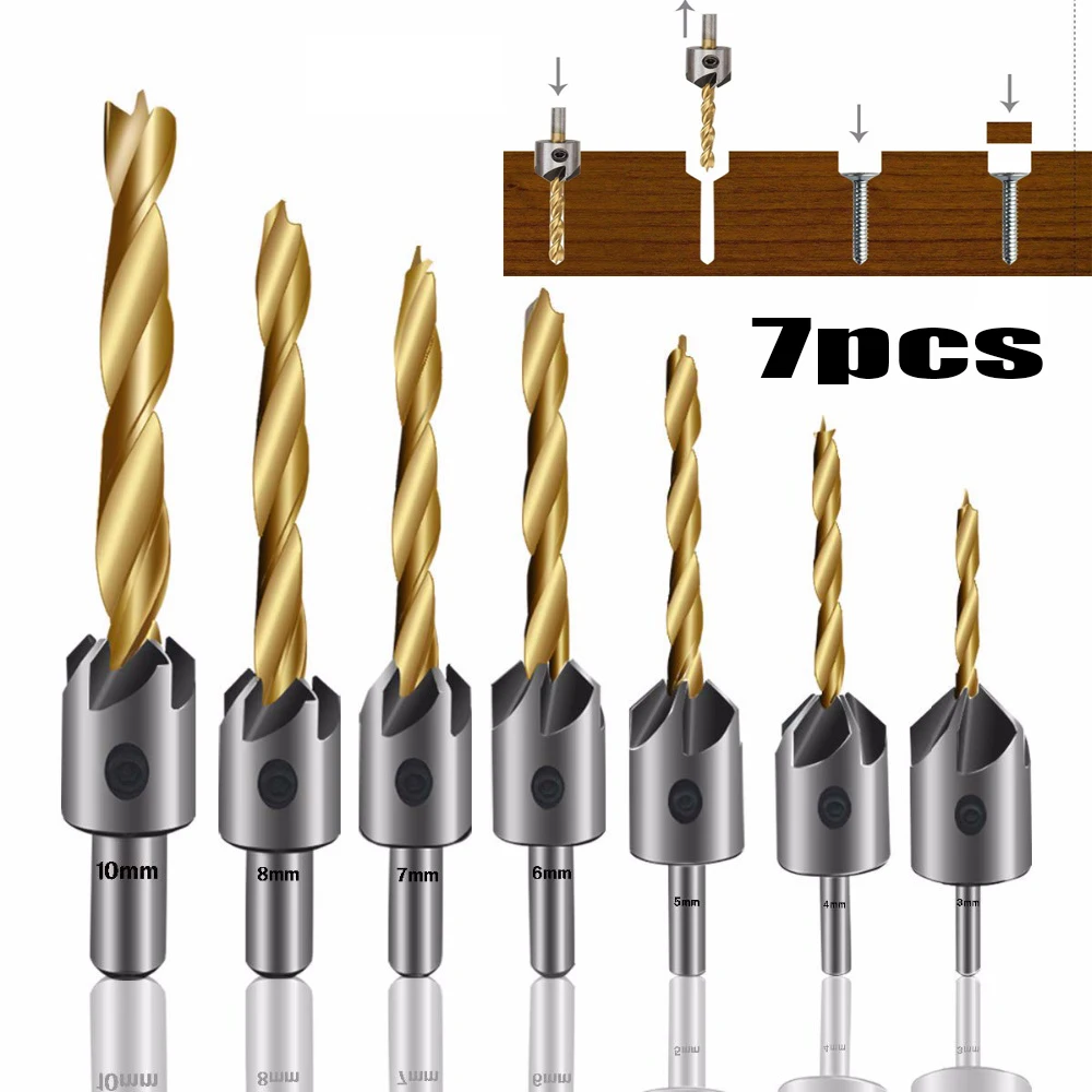 7PCS Countersink Drill Bit Titanium Plating Drill Bit Set Wood Drill Set Woodworking Countersink Chamfer with