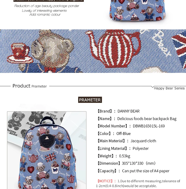 2-DANNY BEAR Blue Small Backpacks For Teenager Girl Causal Preppy Style Student School Back Bags Designers Back Pack Bag For Women