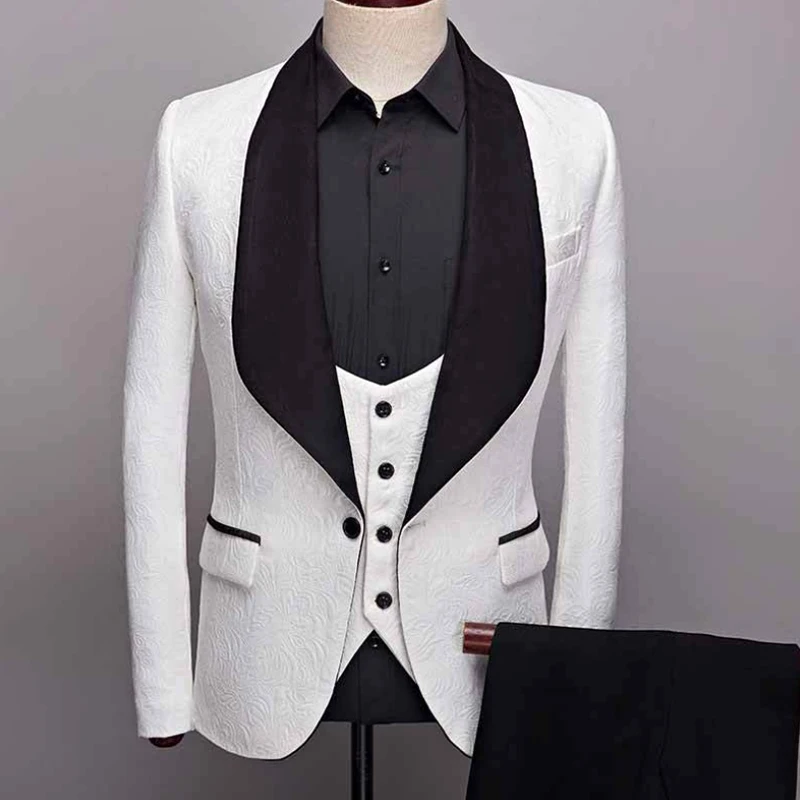 

2019 US size Mens Suits White Black Male Dinner Party Prom Suits Groom Tuxedos Groomsmen Wedding Blazer Suits set 3pcs