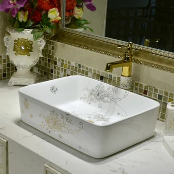 

European Art Basin Hotel Washbasin Rectangular Gold pattern white ceramic wash basin bathroom sink