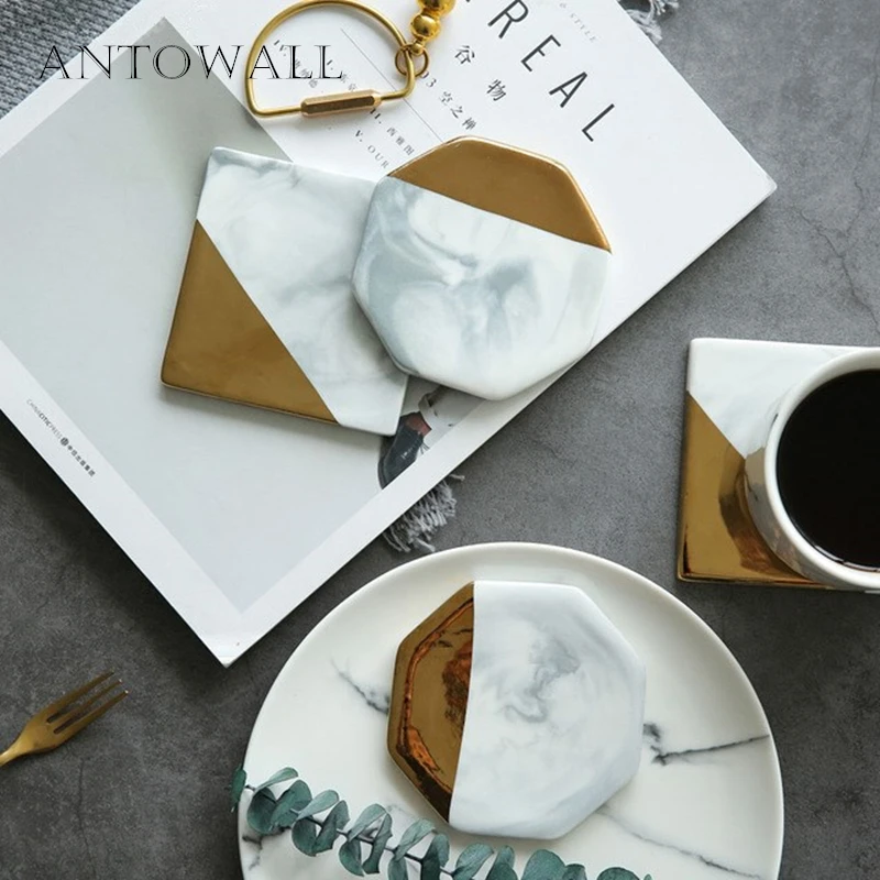 

ANTOWALL Marbled Ceramic Coaster Nordic Gold Plated Mat Insulation Pad Table Cushion Cup Tray