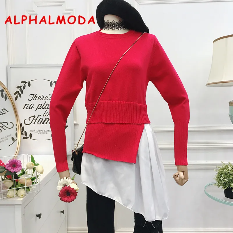 

ALPHALMODA 2018 Autumn and Winter Women Sweater Shirts Irregular Hem Patchwork Pullovers Female Two Pieces Sweater Top Sets