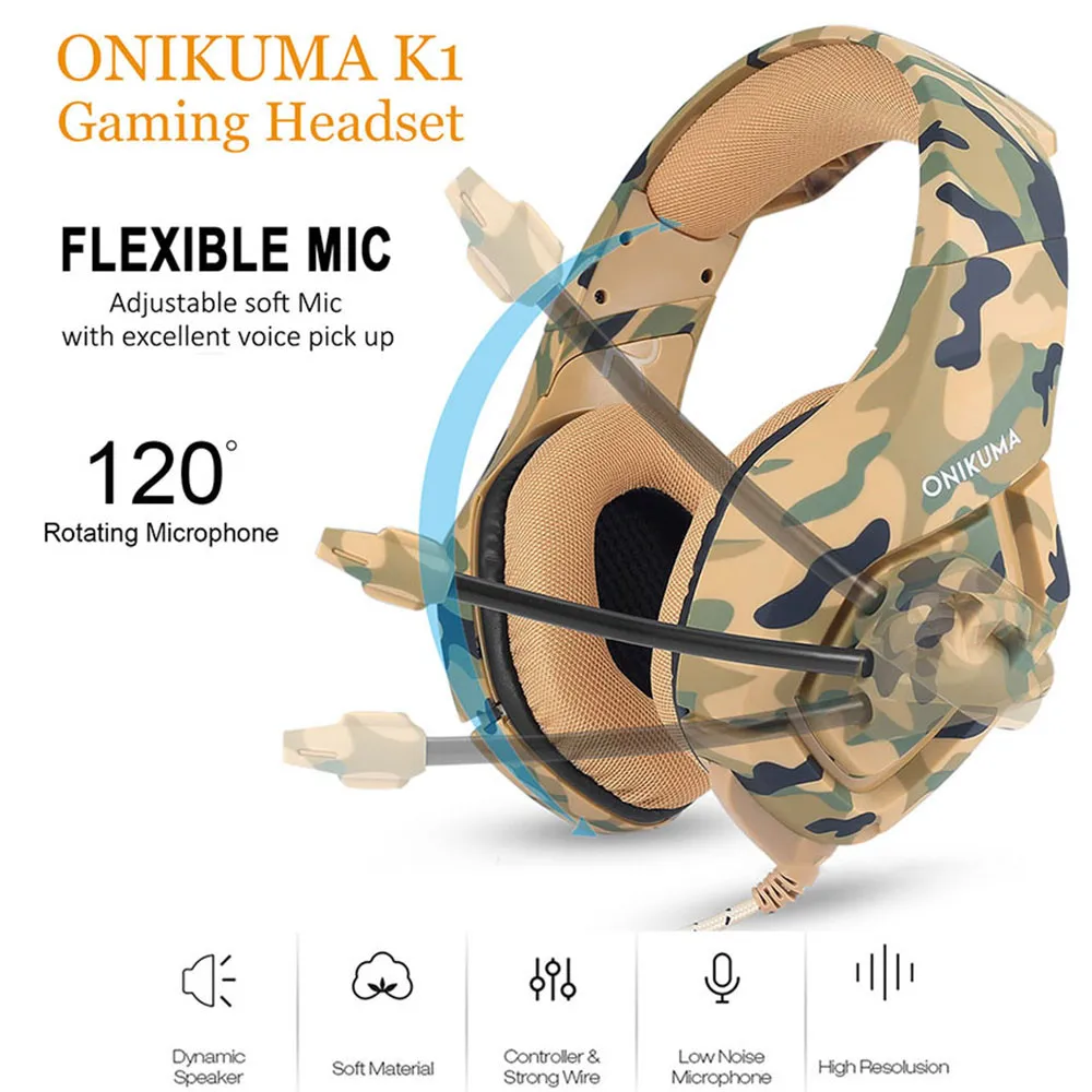 ONIKUMA K1 Casque Camouflage PS4 Headset with Mic Stereo Gaming Headphones for PC Cell Phone New Xbox One Laptop (10)