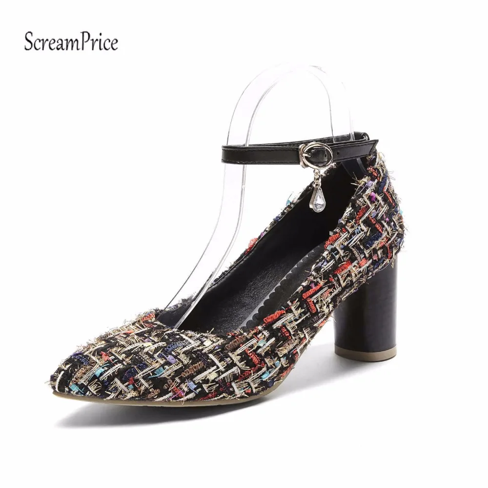 

Fashion Plaid Cloth Chunky High Heels Pointed Toe Women Pumps Buckle Party Spring Fall Shoes Yellow Red Black