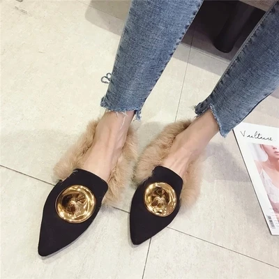 

Women's shoes 2018 autumn and winter new fashion pointed suede rabbit fur metal buckle sexy fashion shoes