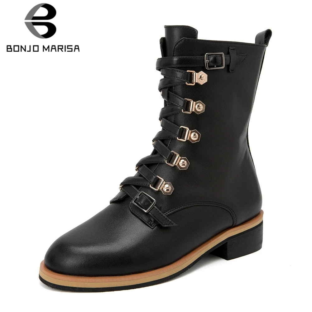 

BONJOMARISA New Big Size 43 Ladies Chunky Heels Genuine Leather Zip Women Shoes Woman Casual Party OL Autumn Winter Ankle Boots