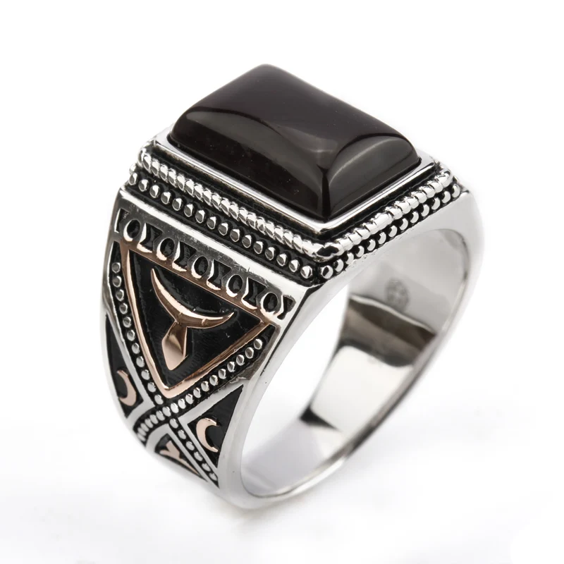 

100% Real 925 Sterling Silver Setting Dark Brown Big Natural Stone Rings for Men Finger Ring Fashion Jewelry