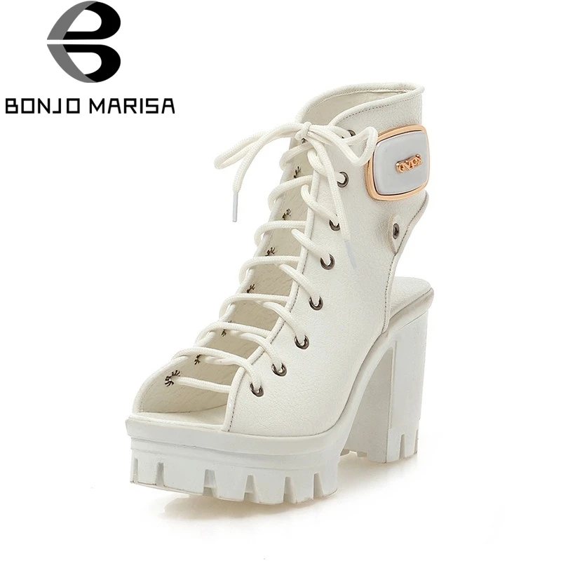 

BONJOMARISA 2018 Summer High Heels Women Gladiator Sandals Big Size 34-42 Elegant Decorating Lace Up Platform Shoes Woman