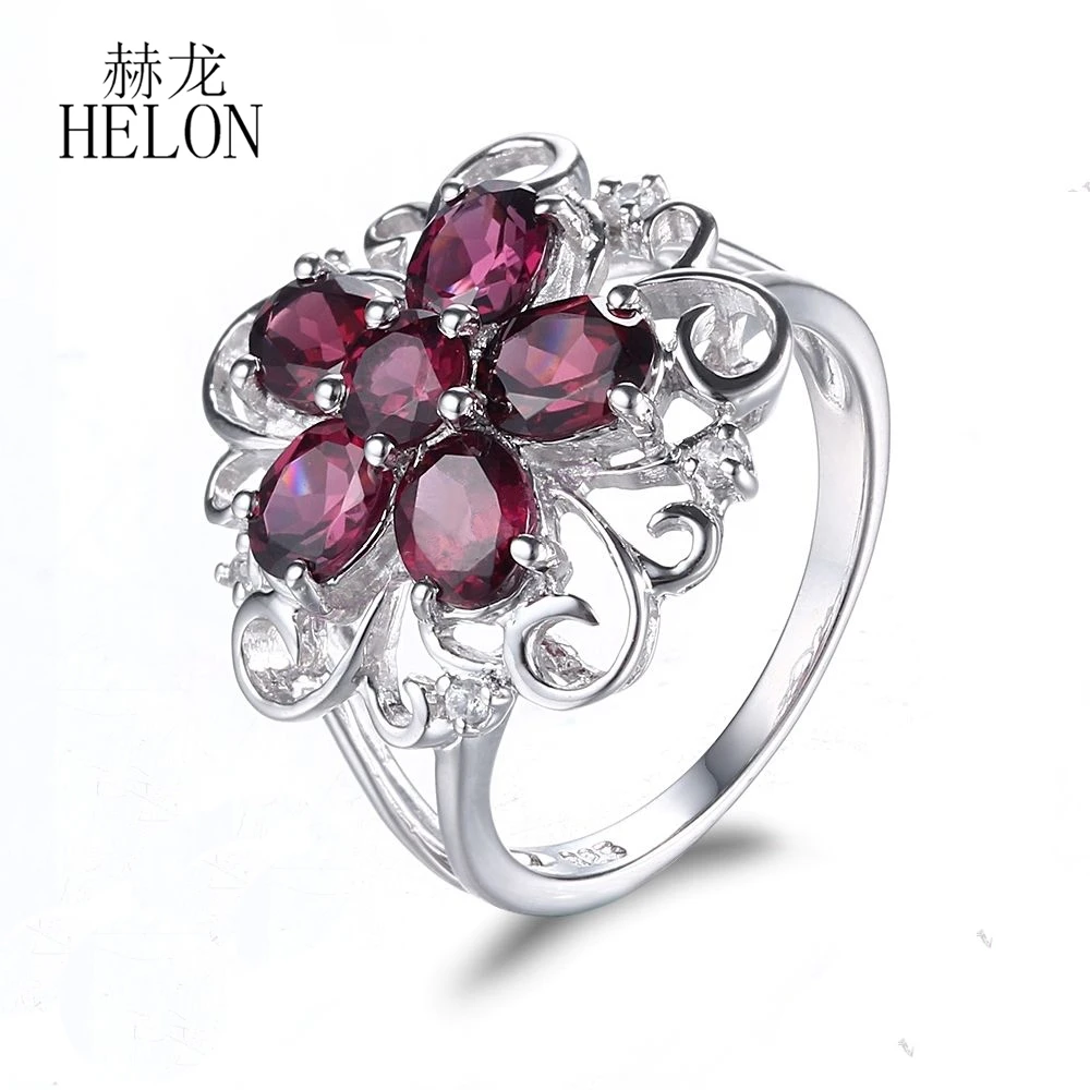 

HELON Women's Jewelry Elegant Flower Solid 10K White Gold Round & Oval 2.86ct Garnet Engagement Wedding Natural Diamonds Ring