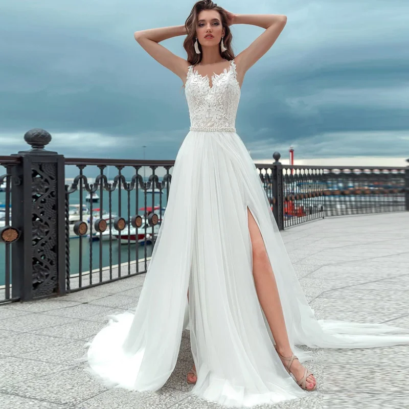 

2019 A Line Wedding Dress White Bridal Gown for Pregnant Woman Vestidos de Novia Plus Size Robe de Mariee Slit Abiti Da Sposa