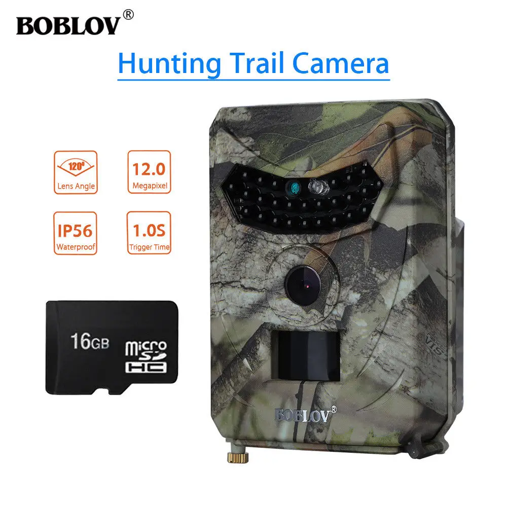 BOBLOV PR-100 12MP 1080 P HD светодиодный охоты Ночное видение Trail дикой природы Камера 1 s Время срабатывания 120 градусов Широкий формат IP56 16 ГБ TFCARD