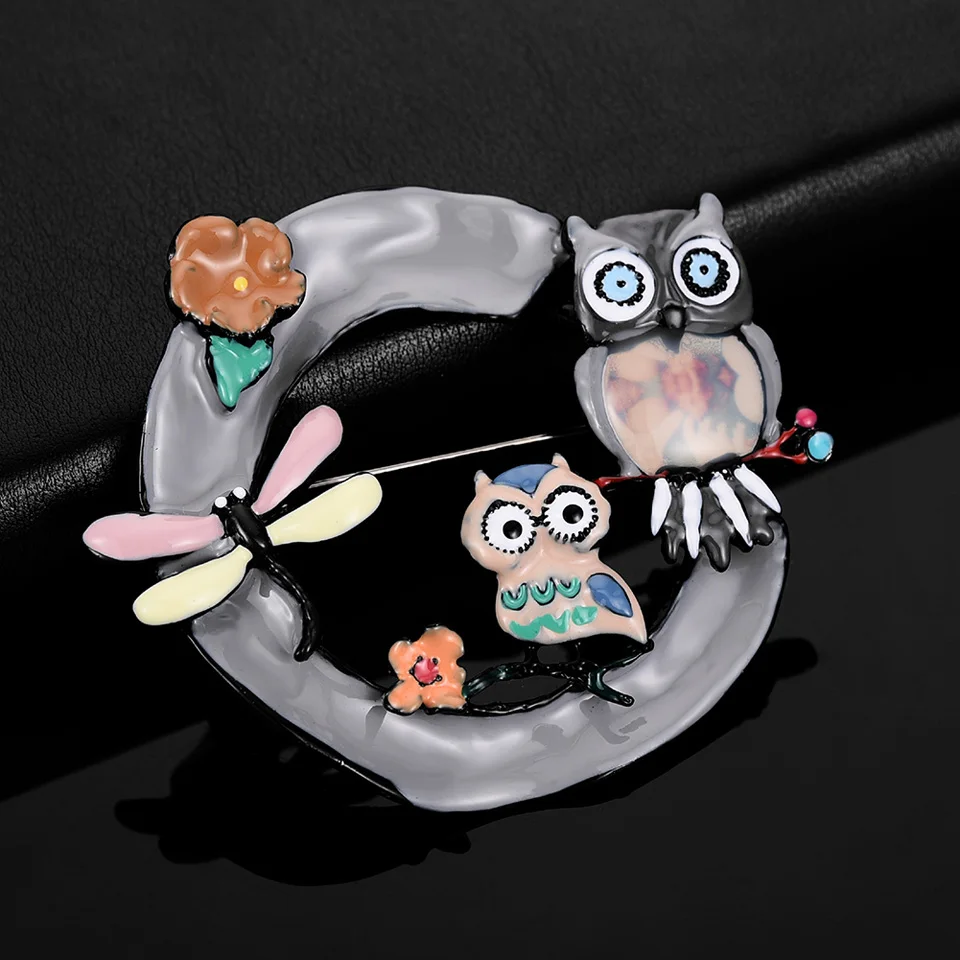 Fashion Large Mother Owl and Son Brooches for Women Cartoon Dragonfly Pins Vintage Jewelry Wholesale Men Boys Alloy Brooch Pin