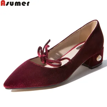 

ASUMER black wine red pointed toe shallow elegant women med heels shoes square heel casual cross tied shoes woman big size 34-43