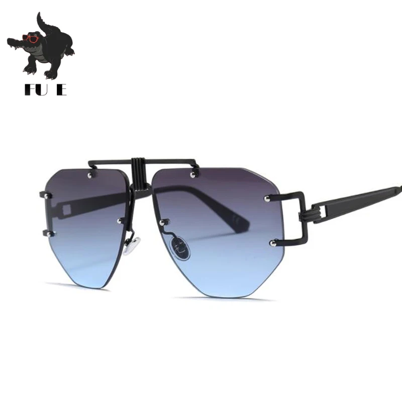 Beste FU E 2019 Mode Frameloze zonnebril Dames Nieuwe Merk Designer Punk Grote Frame Glazen Retro zonnebril Mannen UV400 Oculos de sol