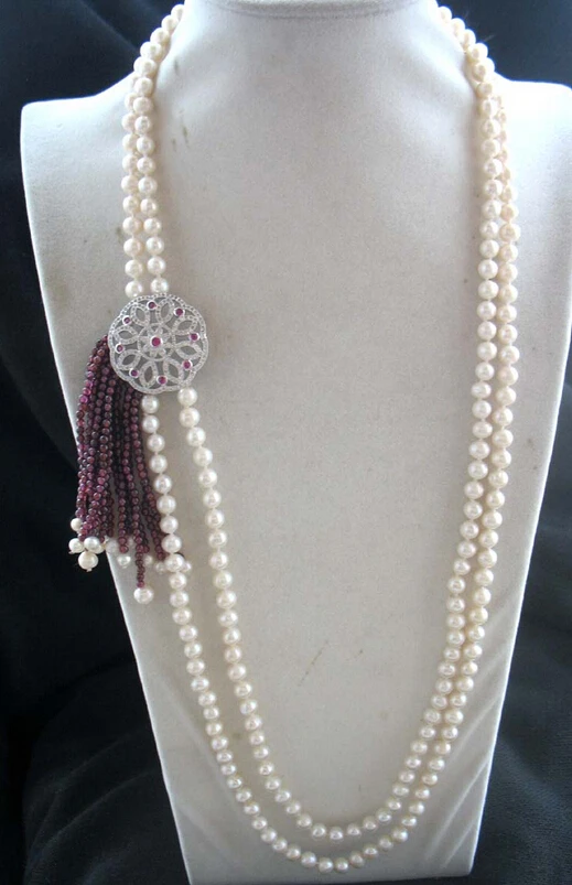 

FREE SHIPPING>@@> N3636 2rows freshwater pearl white &garnet necklace