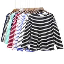 Ladies Casual Shirt Women’s Spring Red White Striped 3/4 sleeve T shirt Tops For Woman Crew Neck Bottoming Tee Shirt