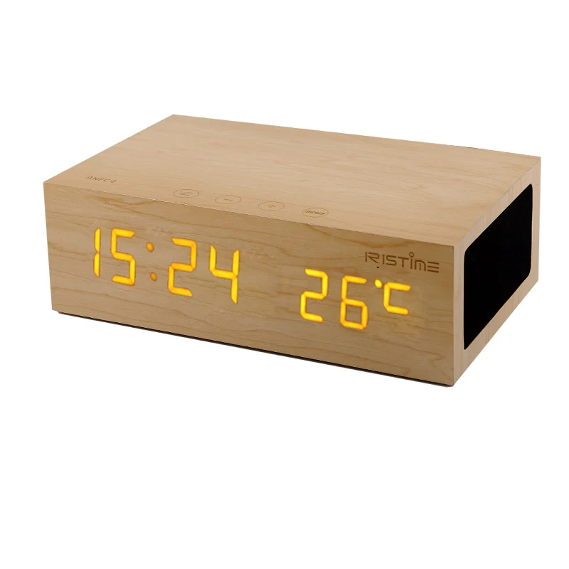 

Thermometer Phone Bluetooth Speaker Desk Wood Clock Creative Multi-function LED Alarm Clock Audio Luminous Electronic Clock with