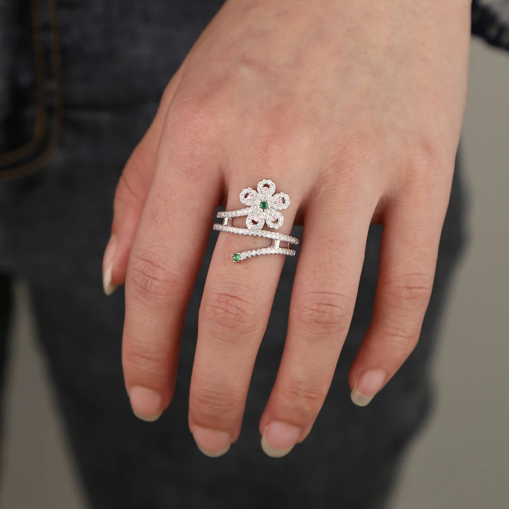 Размер 6, 7, 8, серебряное кольцо с цветком, cz, цветочный Шарм, мульти покрытие, полный палец, коктейльное женское кольцо,, модные ювелирные изделия
