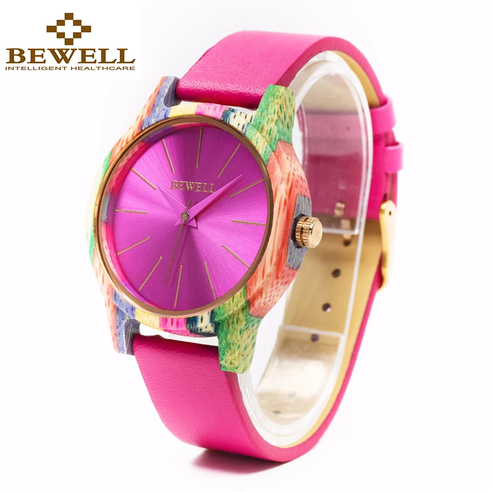 Moda de Bambu Pulseira de Couro Relógio para as Mulheres Bewell Mais Recente Colorido Relógio Melhor Presente Feminino 139a