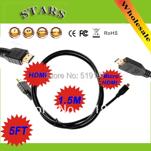 

1080P Gold connector 5FT(1.5M) Micro HDMI Male to HDMI Male extension Cable Digital A/V adapter