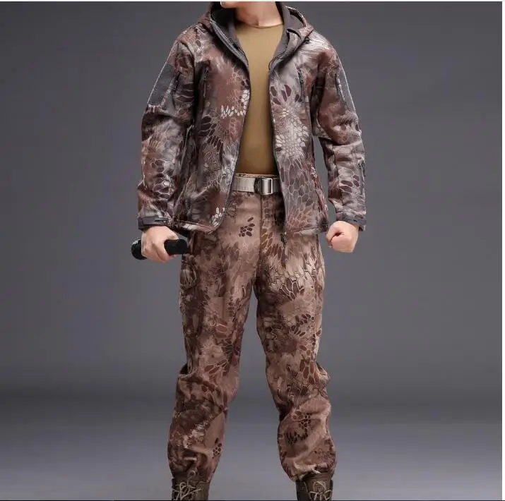 Тактический Софтшелл охотничий набор Мужская зимняя уличная спортивная водонепроницаемая дышащая охотничья рыболовная биомеханическая камуфляжная куртка+ брюки - Цвет: Bionic camouflage