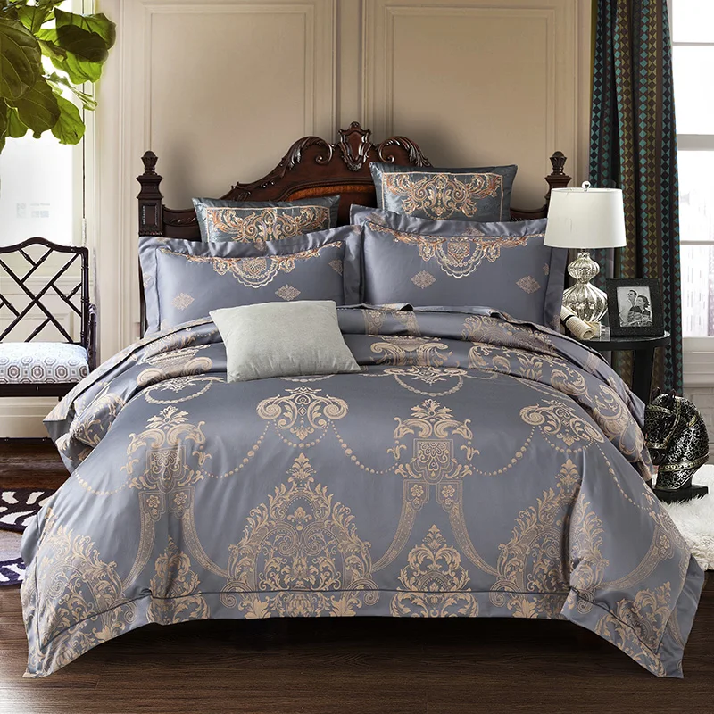 

Silk Cotton Stain Duvet cover Luxury Embroidery Jacquard Bedding set King Queen Size 4 Pcs Bedlinen Bedsheet set Home Decor