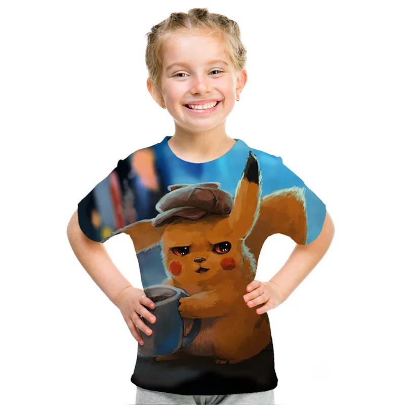 Детская футболка с 3D принтом «Pokemon Detective Pikachu»; коллекция года; модная летняя футболка с короткими рукавами; топы; уличная одежда; детские футболки