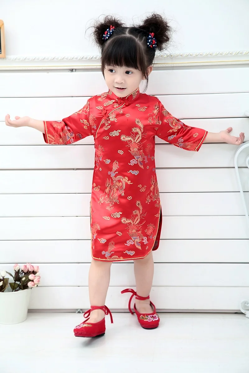 Qipao для маленьких девочек весеннее платье Красный Дракон Cheongsams подарок год для девочек нарядное платье принцессы Одежда высшего качества От 2 до 12 лет