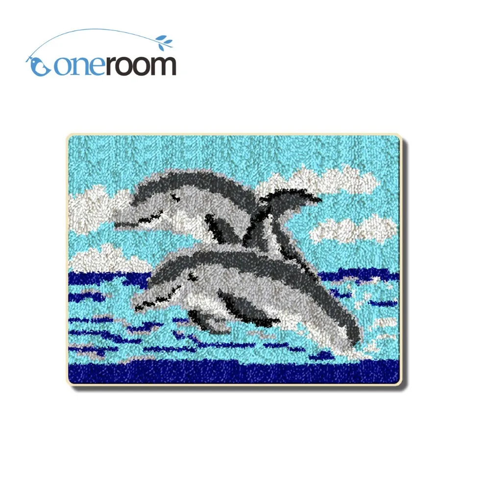 ZD62 Dolphins on Sea Hook Rug Kit DIY Unfinished Crocheting Yarn Mat