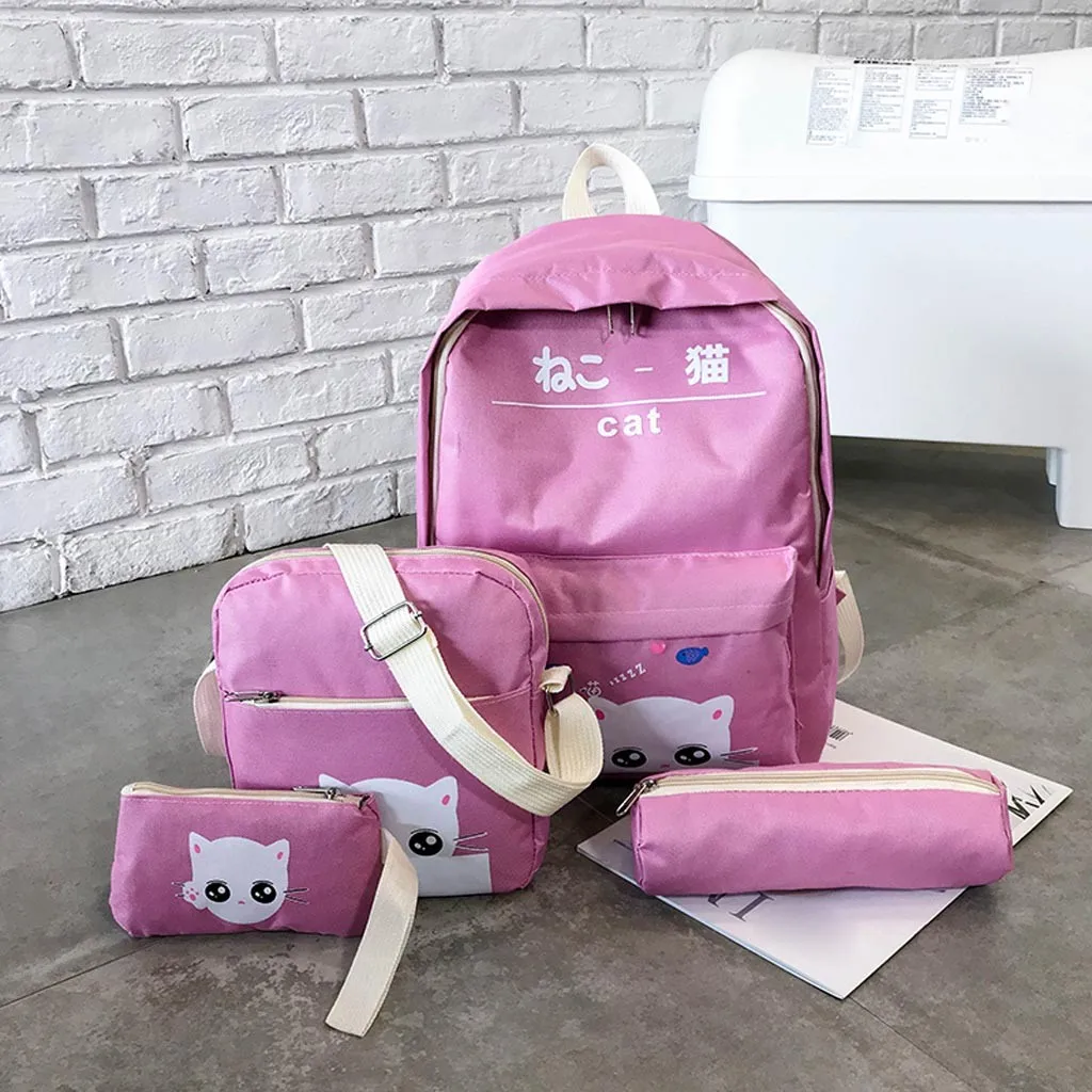 

Four Piece Set School Portfolio School Bag For Teenahe Girls Casual Cat Print Backpack Fashion Canvas Portfolio For Teenageers