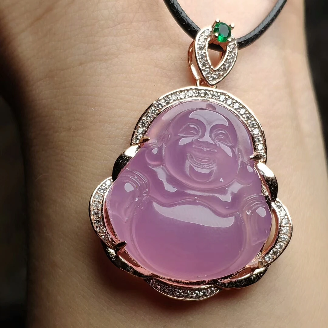 Koraba S925 Sterling Silver Natural Pink Jade Chalcedony Buddha Pendant Leather Rope Gemstone Necklace Women Luxury Jewelry