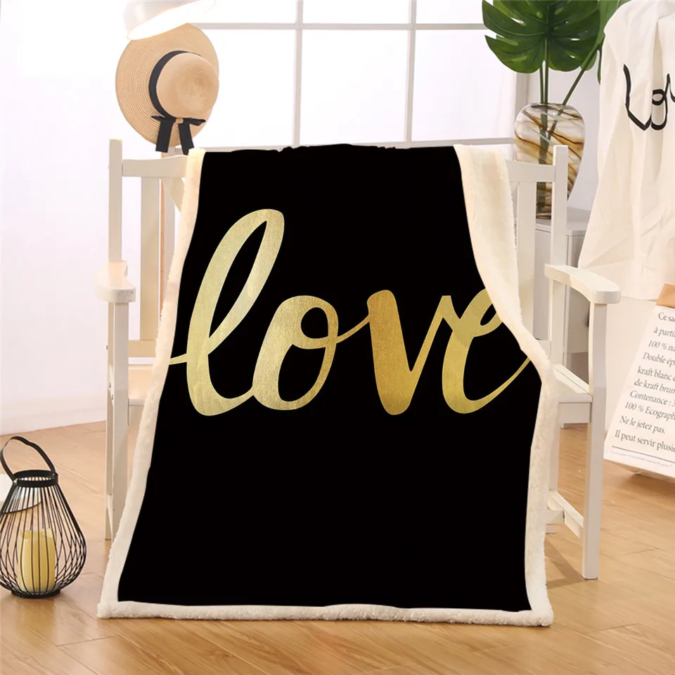 BlessLiving Black and Gold Love Blanket Modern Chic Sherpa Flannel Fleece Blanket Luxurious and