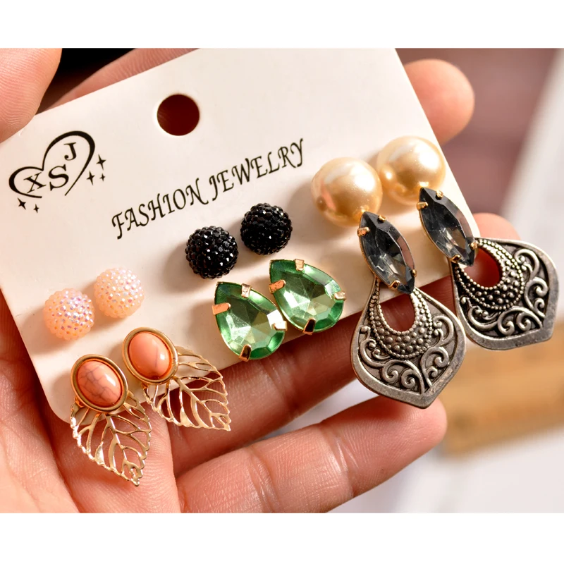 

2019 New fashion women's jewelry wholesale girls birthday party pearl earrings set mashup 6 pairs /set earrings Free shipping