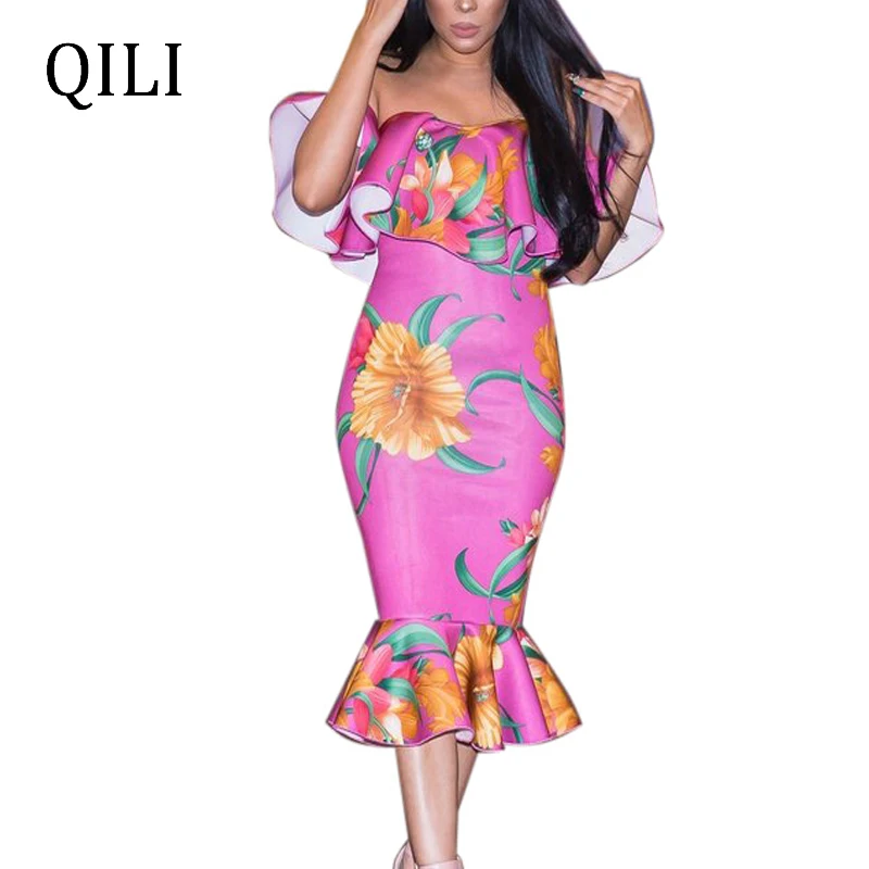 

QILI Women Off Shoulder Ruffles Trumpet Mermaid Dress Floral Print Slim Waist Dresses New Fashion Womens Hot Sale Dress