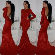 Lange Engen Roten Pailletten Backless Abendkleid Mit Langen Ärmeln Meerjungfrau Metallic Frauen Formale Kleid Prom Maß